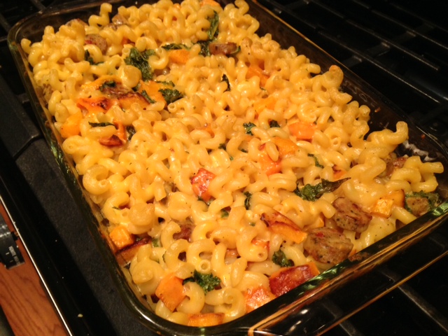 mac & cheese with butternut squash kale sausage baked