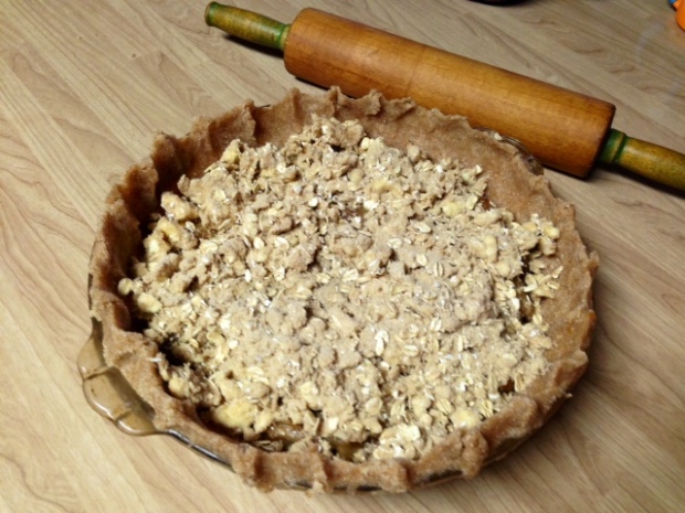 caramel pear pie oat crumble assembled