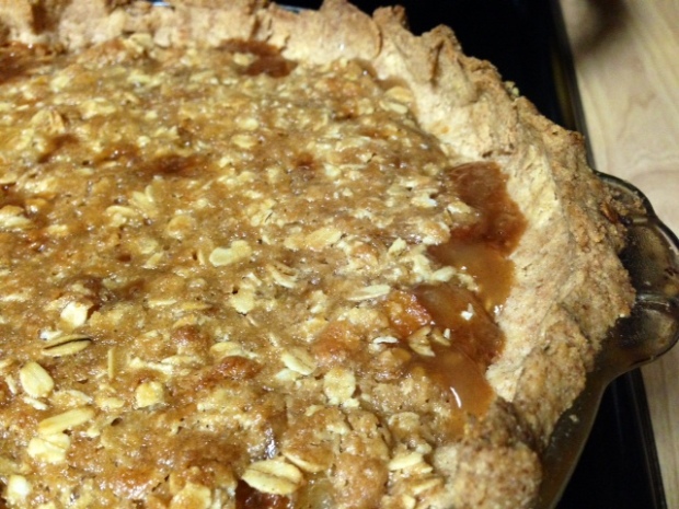 Caramel Pear Pie with Oat Crumble closeup