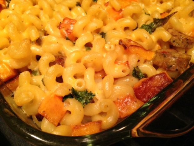 Mac & Cheese with Butternut Squash, Kale, & Sausage baked